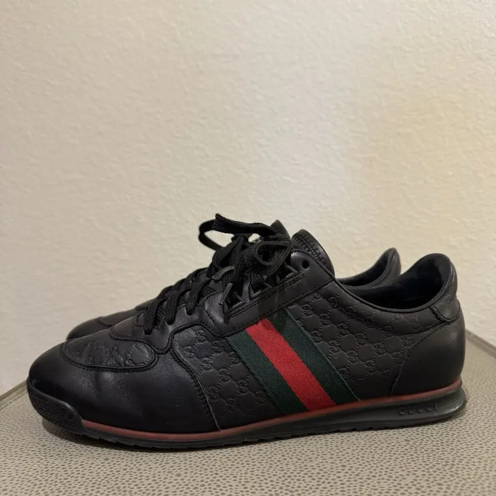 Gucci Shoes Micro Guccissima Black Leather Web Low Top Gucci Sneakers Sz 8 G